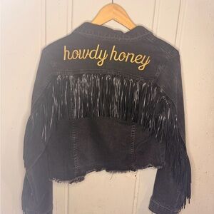 CUSTOM HOWDY HONEY Black Fringed Jean Jacket